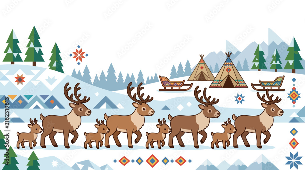 Naklejka premium Arctic landscape with reindeer herd and traditional tents.