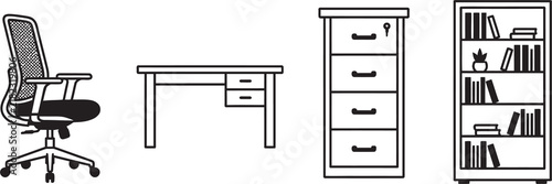 Cuadro en lienzo Office furniture vector outline icons showing ergonomic mesh chair wooden writing desk metal filing cabinet and tall bookshelf loaded with literature