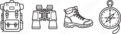 Canvastavla Backpack binoculars hiking boots and compass icons set highlighting essential outdoor adventure equipment for travel exploration trekking and camping activities