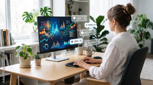 Young woman freelancer analyzing social media marketing statistics on computer monitor in bright home office, engagement metrics overlay showing likes shares and followers
