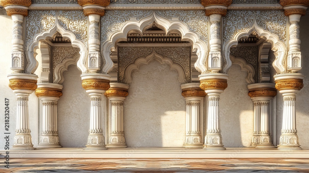 Obraz premium Ornate marble pillars featuring intricate golden carvings display majestic architectural detail within this historical palace hall bathed in warm sunlight