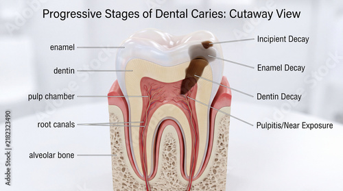 Progressive stages of dental caries cutaway view showing enamel, dentin, pulp chamber, root canals, and alveolar bone with labeled tooth decay stages for educational use