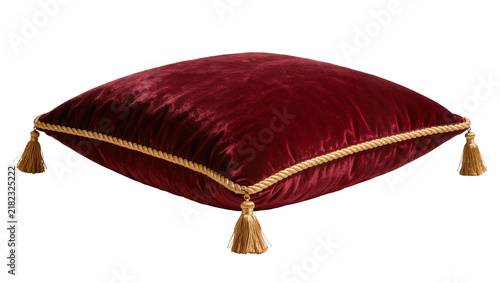 Fotografie Plush deep red velvet cushion with gold rope trim and tassels, isolated on trans