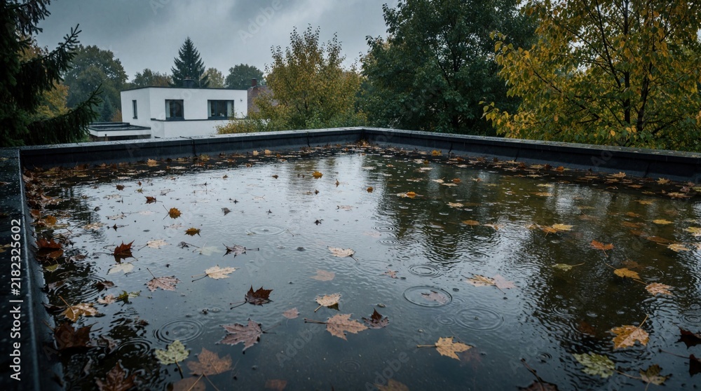 Obraz premium Ponding water with fallen leaves accumulates on flat roof after heavy rain. Residential building exterior shows blocked drainage creating moisture problem.