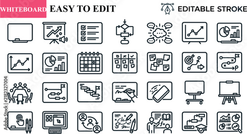 Whiteboard Business Icons Set for Analytics Planning Workflow and Collaboration