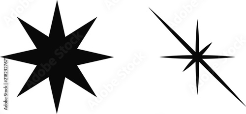 Black star shapes and sparkle icons set isolated on a plain white background