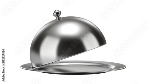 Fotografía Shiny silver cloche lid partially open over a round serving platter, isolated on