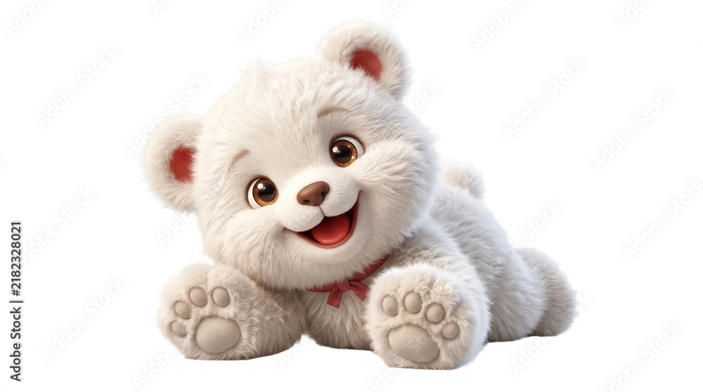 Fototapeta premium Adorable white teddy bear character, cute polar bear cub lying down, fluffy plush toy animal on white background