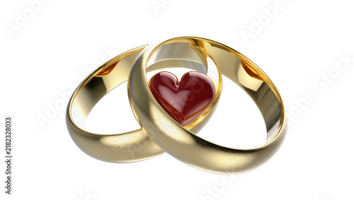 Cuadro en lienzo Two intertwined gold wedding rings holding a red glass heart, isolated on transp