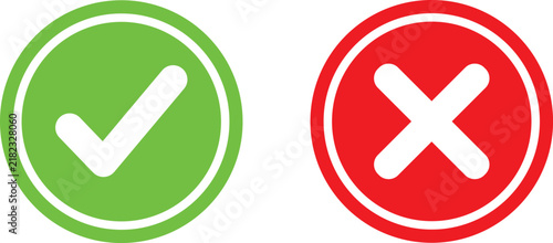 Green check mark and red cross sign icons for true or false choice isolated on white background