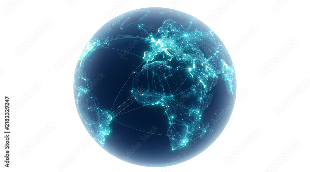 Obraz premium Digital global network globe with glowing blue data connections. Futuristic earth sphere representing international communication and technology. isolated PNG with Transparent Background