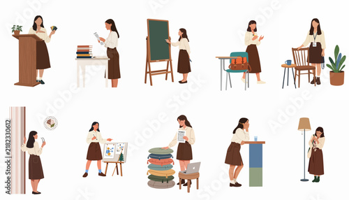 Set of Flat Vector Illustrations Showing a Professional Woman in Different Educational and Workplace Scenarios like Teaching, Studying, and Presenting.