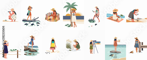 Illustrations of women exploring nature, birdwatching, and photographing wildlife in various outdoor and coastal settings.