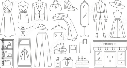 Boutique Fashion and Shopping Line Icon Set with Dress, Blazer, Mannequin, and Accessories Symbols for Retail Designs