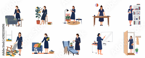 Collection of flat vector illustrations of a woman performing various daily activities at home, such as working, reading, and relaxing.