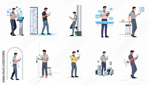 A collection of illustrations showing a man interacting with futuristic digital interfaces, using tablets and smartphones in various modern settings.