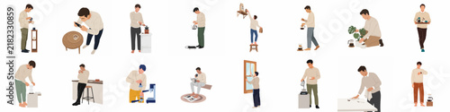 Vector Flat Illustration Set of a Young Man Engaged in Various Daily Chores and Activities at Home