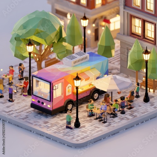 Isometric low poly 3D city street corner with a colorful food truck and people dining