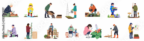 Set of diverse people of various ages engaged in gardening and planting activities like watering, digging, and harvesting, isolated on a white background.