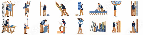 A collection of flat vector illustrations depicting construction workers performing various tasks like building, carrying materials, and using tools on a white background.