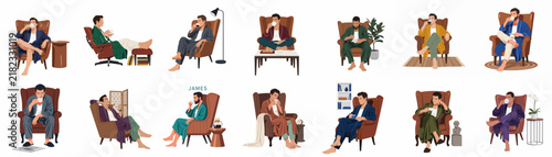 Collection of diverse men in loungewear and robes relaxing in comfortable armchairs, flat vector illustration set isolated on white background.