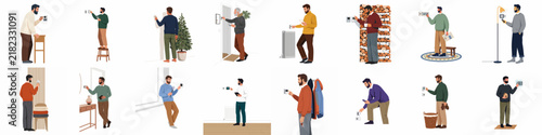 Collection of diverse men interacting with smart home technology, digital interfaces, and control panels in various modern domestic and workspace settings.