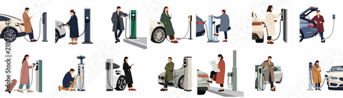 Flat Vector Illustration Set of People Charging Electric Vehicles at EV Charging Stations for Sustainable Urban Mobility and Modern Lifestyle Concepts.