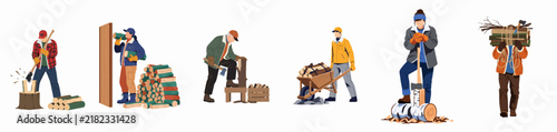 Illustration set of men engaged in various woodworking activities like chopping, sawing, stacking, and transporting firewood for winter heating and timber maintenance.