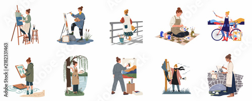 Collection of flat vector illustrations showing diverse female artists engaged in creative activities such as painting, sketching, and drawing in various settings.