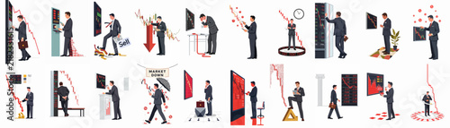 Conceptual Collage of Businessmen Facing Stock Market Crashes, Economic Downturns, and Financial Losses with Red Downward Trending Graphs.