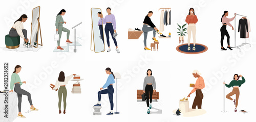 Vector illustration set of diverse women shopping, trying on clothes, and styling outfits in a minimalist flat design style for fashion and lifestyle concepts.