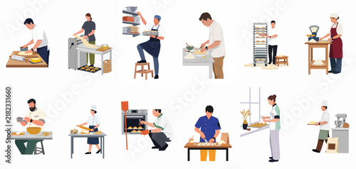 Collection of professional bakers and pastry chefs working in a commercial kitchen or bakery, featuring various stages of bread and food production.