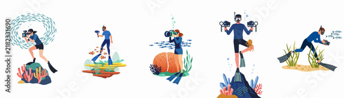 Collection of flat illustrations showing underwater photographers and videographers with professional cameras and diving gear exploring marine life on a clean white background.