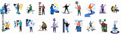 Collection of diverse character illustrations exploring themes of globalization, digital transformation, education, and lifestyle in a contemporary flat design style.