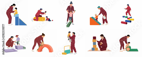 Set of flat vector illustrations of children and parents engaged in early childhood physical development, gym class, and sensory play activities.