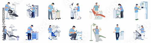 Collection of Flat Vector Illustrations Showing Dental Professionals Working in Modern Clinics with Specialized Equipment and Patient Chairs