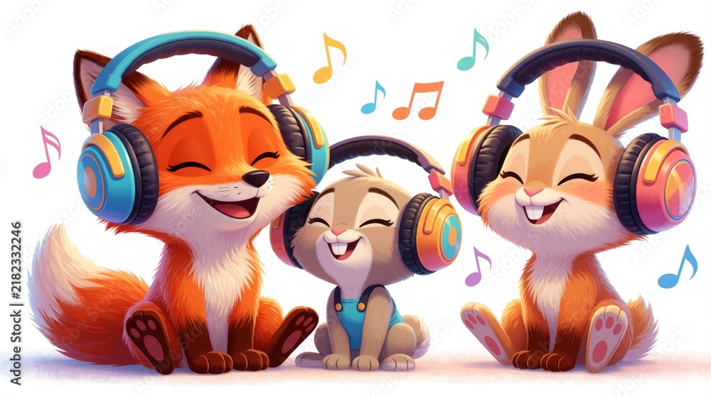 Fototapeta premium Cute fox and rabbits wear headphones enjoying music. Animals listen to songs with closed eyes and smiles. Characters feel happy and relaxed on white background.