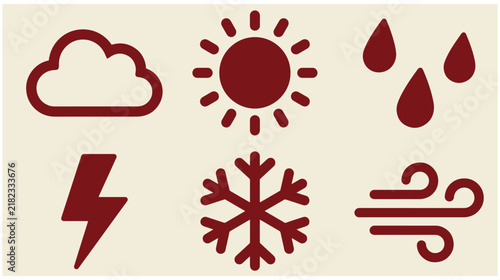 Set of red weather icons including cloud sun rain drops lightning snowflake and wind with lightning snowflake collection illustration forecast meteorology temperature silhouette