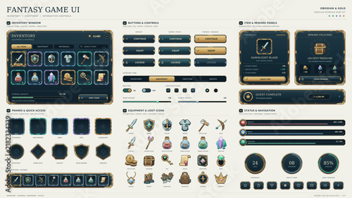 Canvastavla Fantasy game inventory interface with gold frames and loot icons