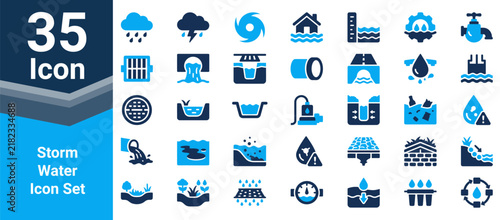 Storm water blue icons set showing flood drainage systems and water control tools.