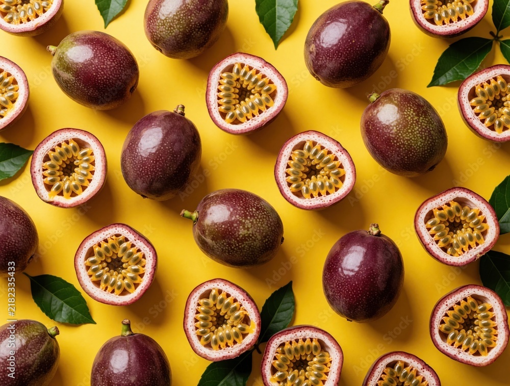 Obraz premium Top view flat lay of fresh passion fruit on bright yellow background. Whole, sliced purple exotic fruits with juicy yellow seeds create seamless pattern. Tropical organic food concept for summer