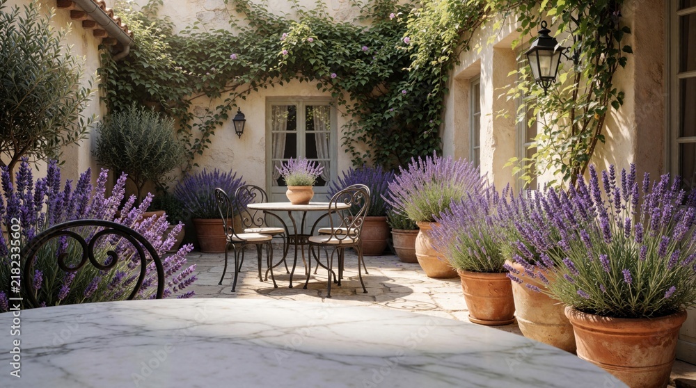 Obraz premium Tranquil courtyard with lavender, outdoor seating, and vine covered walls. Sunlight and shadow create a peaceful, inviting Mediterranean ambiance. Perfect for relaxation or a coffee break.
