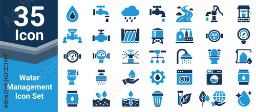 Water management icon set for industrial supply and environmental sustainability.