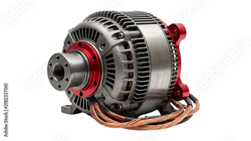 Obraz na płótnie Industrial brushless dc motor with red anodized mounting flange and wires, isola