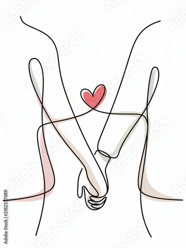 Minimalist line art of two people holding hands with a red heart above, symbolizing love and connection.