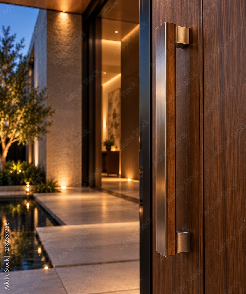 Fototapeta premium Close-up of Modern Luxury Door Handle on Wooden Door