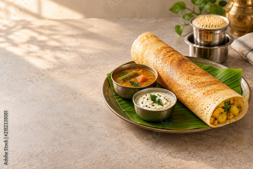 South Indian Masala Dosa Breakfast with Filter Coffee and Copy Space