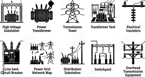 Electrical power grid and substation equipment icon set featuring high voltage substation power transformer transmission tower electrical insulators circuit breaker network map switchyard 