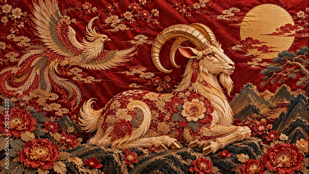 Fototapeta premium Chinese New Year 2027 Year of the Goat horizontal banner, embroidered resting goat with phoenix, peony flower, mountain landscape and golden sun. Festive background template with copy space for greeti