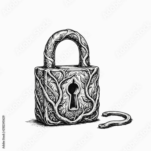 Decorative vintage lock with intricate design, isolated on white background
